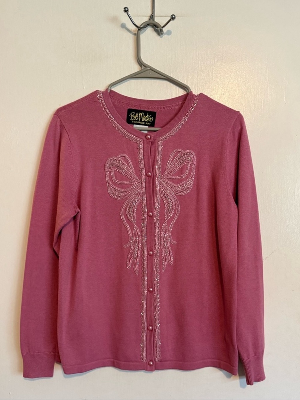Bob mackie Pink button front cardigan sweater bow beading detail sample piece